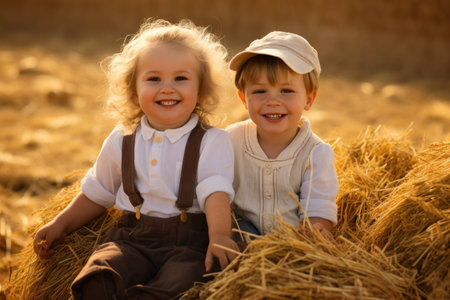 Two kids enjoying their time sitting on a stack of hay surrounded by the rustic charm of a farm, Two cute adorable caucasian siblings enjoy having fun sitting on top over golden hay, AI Generatedの素材