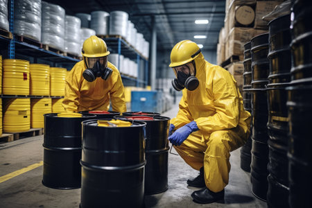 Two Workers in Yellow Suits and Gas Masks in a Warehouse, Two factory workers or inventory inspector conduct professional inspection on hazardous chemical barrels in warehouse, AI Generatedの素材