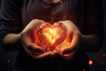 An image of a person holding a heart in their hands, representing love, care, and compassion, Two hands intertwined with a glowing heart in the background, AI Generatedの素材