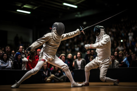Two men, both dressed in fencing gear, engage in a captivating and intense match, captivating the crowds attention, Two fencers engaged in a duel with the audience watching, AI Generatedの素材