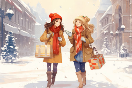 Two women walking down a snowy street with shopping bags in hand, Two cheerful female friends holding shopping bags on snowy winter day, AI Generatedの素材