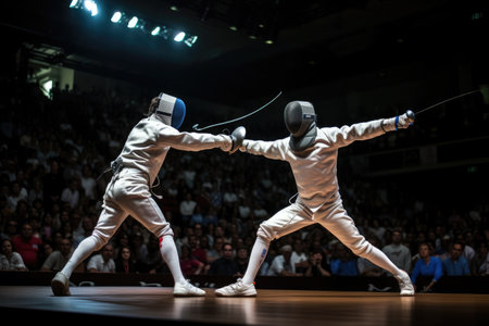 Two men wearing fencing gear engage in a fierce duel as a crowd watches on, Two fencers engaged in a duel with the audience watching, AI Generatedの素材