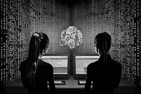 Two women standing in front of a computer screen while working together, Two computers exchanging information through binary code, AI Generatedの素材