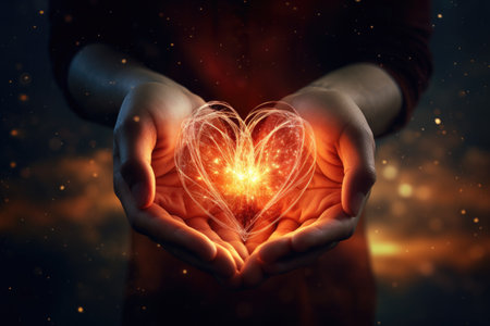 An image of a person holding a heart in their hands, symbolizing love, care, health, donation, and support, Two hands intertwined with a glowing heart in the background, AI Generatedの素材