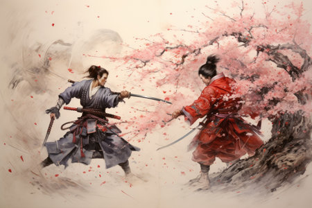 An intense artwork capturing a powerful scene of two individuals wielding swords amidst a serene wooded backdrop, Two samurai facing off on a cherry-blossom strewn battlefield, AI Generatedの素材