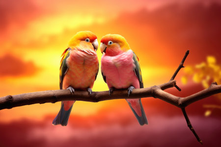 Two birds perched atop a tree branch, enjoying the view, Two lovebirds perched on a branch, with a vibrant sunset in the background, AI Generatedの素材