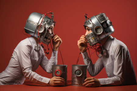 A couple sits side by side on a bench in a peaceful park, Two people talking through tin can telephones, AI Generatedの素材