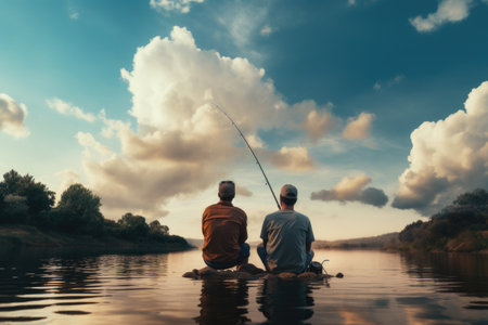 A pair of men sitting on top of a boat in the water, taking in the tranquil atmosphere, Two male friends dressed in blue shirts fishing together, AI Generatedの素材