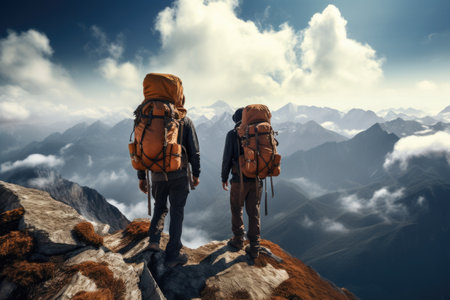 A photo of two individuals with backpacks standing triumphantly on the summit of a majestic mountain, Two mountaineers standing on a mountain with large backpacks, AI Generatedの素材