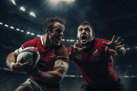 Two fierce rugby players showcase their skills in a stadium, tightly gripping the ball, Two male Rugby players fight for the ball in flight on professional rugby stadium, AI Generatedの素材