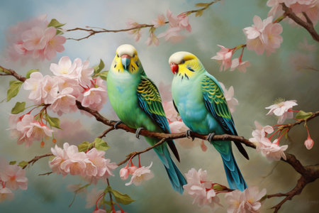 Two birds perched on a branch filled with vibrant pink flowers, Two parakeets tweeting on the branch of a blossoming tree, AI Generatedの素材