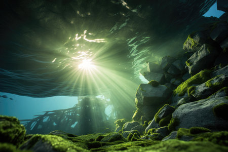 The sun shines through the water, casting a mesmerizing glow over the moss covered rocks, Underwater sunlight through the water surface seen from a rocky seabed with algae, AI Generatedの素材