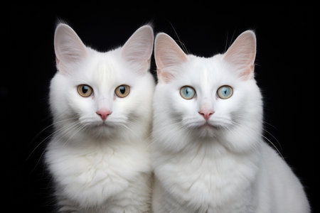 Two beautiful white cats with mesmerizing blue eyes peacefully sitting side by side, Two white cats against a black background with a designated space for your text, AI Generatedの素材