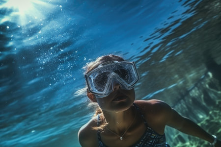 A woman explores underwater while wearing a mask and goggles for protection, Underwater Ocean - Blue Abyss With Sunlight - Diving And Scuba Background, AI Generatedの素材