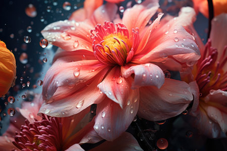 Colorful Bouquet of Fresh Flowers Floating in Water, Uncover the beauty of flowers with AI macro photography, capturing intricate details and hidden beauty, AI Generatedの素材
