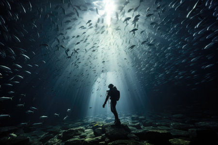 A person stands surrounded by a multitude of fish in a captivating underwater scene, Underwater, divers, shoals of fish, 8k Ultra HD, AI Generatedの素材