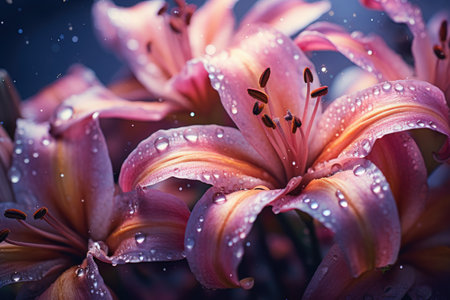 A Cluster of Pink Flowers Adorned With Water Droplets, Tourists with flashlights near a yellow tent illuminated from the inside against the backdrop of an incredible starry sky, AI Generatedの素材