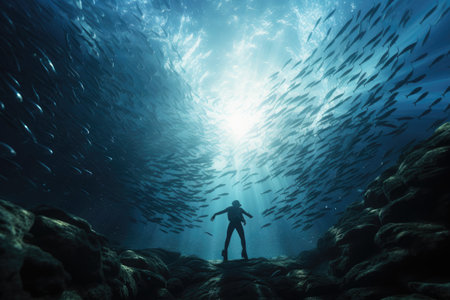 A man calmly stands in the middle of a vast group of fish in their natural environment, Underwater, divers, shoals of fish, 8k Ultra HD, AI Generatedの素材