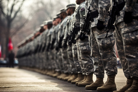 A group of military personnel standing shoulder to shoulder in a straight line, US soldiers standing in formation on a ceremony, top section cropped, AI Generatedの素材