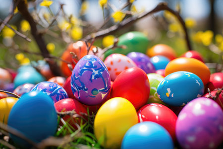 A variety of colorful Easter eggs, showcasing a range of hues, arranged on fresh, verdant grass, Vibrantly colored Easter eggs during an Easter egg hunt, AI Generatedの素材