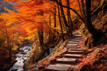 A serene set of steps guides you through the woods, leading to a peaceful stream, Vibrant autumn foliage covering a winding mountain path, AI Generatedの素材