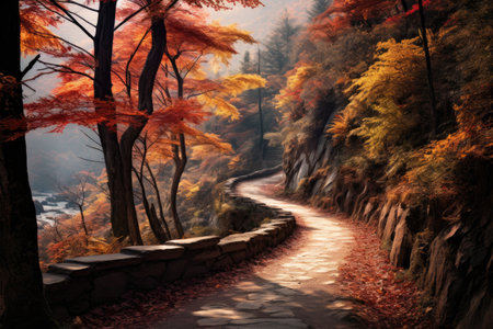 A peaceful painting capturing the enchanting beauty of a winding path amidst lush woods, Vibrant autumn foliage covering a winding mountain path, AI Generatedの素材