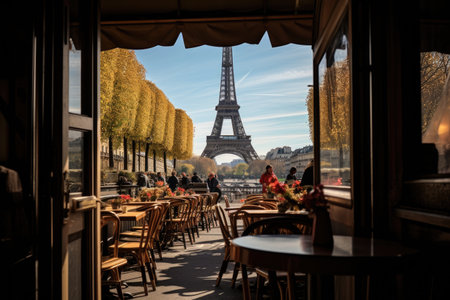 Stunning view of the Eiffel Tower, an iconic landmark, captured from a restaurant in Paris, France, View of Eiffel Tower from a Parisian cafe, AI Generatedの素材