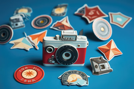 A camera sits on top of a blue table, capturing a moment in time, Vintage camera and stickers with fails on a blue background, AI Generatedの素材