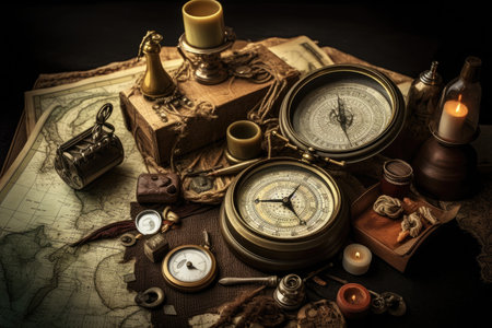 A table is adorned with an assortment of different types of clocks, Vintage still life featuring a compass, old map, and other objects, AI Generatedの素材