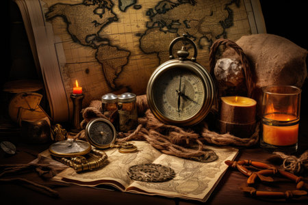 Table With Map and Clock, A Clear Guide to Time and Space, Vintage still life featuring a compass, old map, and other objects, AI Generatedの素材