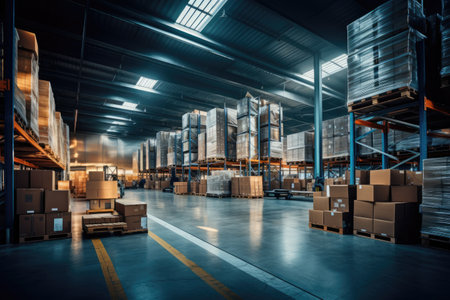 A bustling warehouse filled to the brim with countless boxes and various supplies, Warehouse industrial and logistics companies, AI Generatedの素材