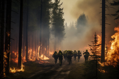 A collection of individuals courageously moving through a forest engulfed in flames, Volunteer firefighters combat a wild forest fire, Brave firemen running into burning forest, AI Generatedの素材
