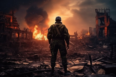 Man Standing in Middle of Destroyed Building After Disaster, War Concept, A military man in World War II uniform stands against the backdrop of destroyed buildings, AI Generatedの素材