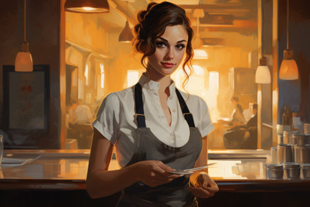A captivating painting of a woman gracefully holding a plate of delicious food in her hands, Waitress in coffee shop, AI Generatedの素材