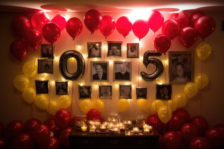 A room filled with festive balloons, glowing candles, and framed pictures adorning the walls., Wall lit up with a 50th birthday message, balloons, and photos, AI Generatedの素材