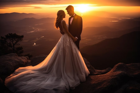 A stunning image of a bride and groom standing on top of a mountain, surrounded by breathtaking sunset colors., Wedding scene in front of a magnificent sunset on a mountain peak, AI Generatedの素材