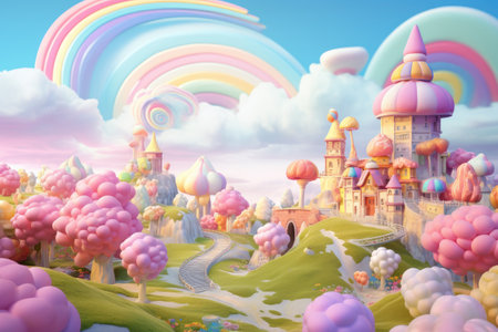 This photo captures a majestic castle painting against a vibrant sky adorned with a beautiful rainbow, Whimsical pastel-colored dream world with marshmallow clouds and a rainbow, AI Generatedの素材