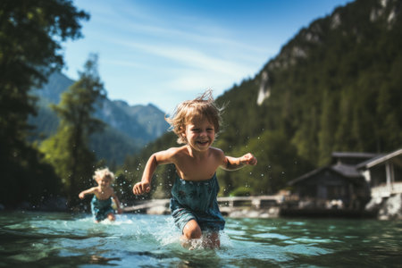 A group of happy children playing and splashing around in the water on a sunny day, Wild nature and water fun on summer vacation, AI Generatedの素材