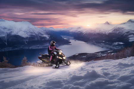 An exhilarating scene of a person riding a snowmobile through the snowy landscape, capturing the excitement and enjoyment of winter sports, winter active holiday snowmobiling, AI Generatedの素材