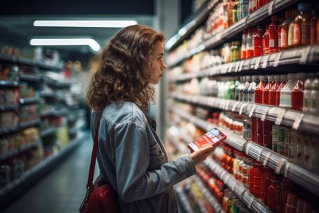 A woman stands in a grocery store, focused on examining a package with intent to decide whether to buy, woman comparing products in a grocery store, AI Generatedの素材