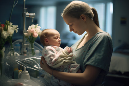 A heartwarming photo of a mother cradling her baby tenderly in her arms, showcasing the pure essence of motherhood, Woman feeding newborn daughter in hospital, AI Generatedの素材