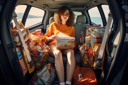 A woman is seen sitting in the back of a van, surrounded by an abundance of food, Woman puts purchased products on the back seat of her electric car, AI Generatedの素材