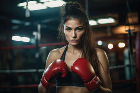 A powerful woman wearing boxing gloves confidently stands in a boxing ring, Woman training boxing at gym, AI Generatedの素材