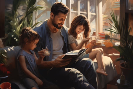 A man sitting in a comfortable chair reads a captivating book to two attentive children, Young beautiful happy family relaxing at home, AI Generatedの素材