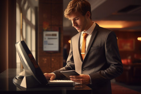 A professional businessman in a sleek suit is using a laptop for work, Young business man check-in in hotel, AI Generatedの素材