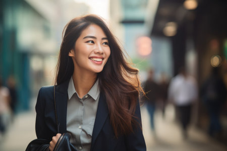 A woman confidently walks down a bustling city street, clutching her purse in her hand, young busy happy asian business woman walking in a city, AI Generatedの素材