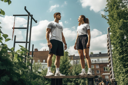 A man and a woman stand side by side on a bench in a beautiful park, Young Couple During Street Workout in a Summer Day, AI Generatedの素材