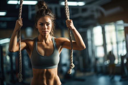 A woman in a gym showcasing her strength and engaging in a fitness exercise by holding a rope, young woman pulling rope at gym, AI Generatedの素材