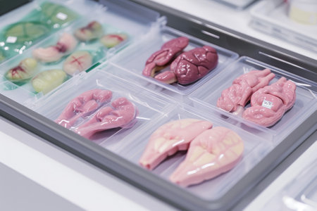 A wide variety of different types of food showcased together in a display case, 3D printed organs on a medical tray, AI Generatedの素材