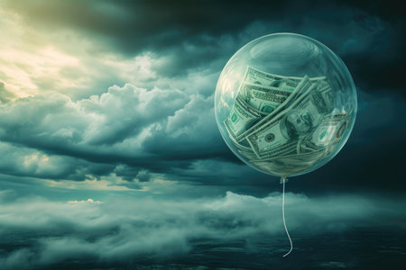 A captivating photo presenting a bunch of money floating inside a transparent bubble suspended in mid-air, A balloon filled with money about to burst, symbolizing economic crisis, AI Generatedの素材